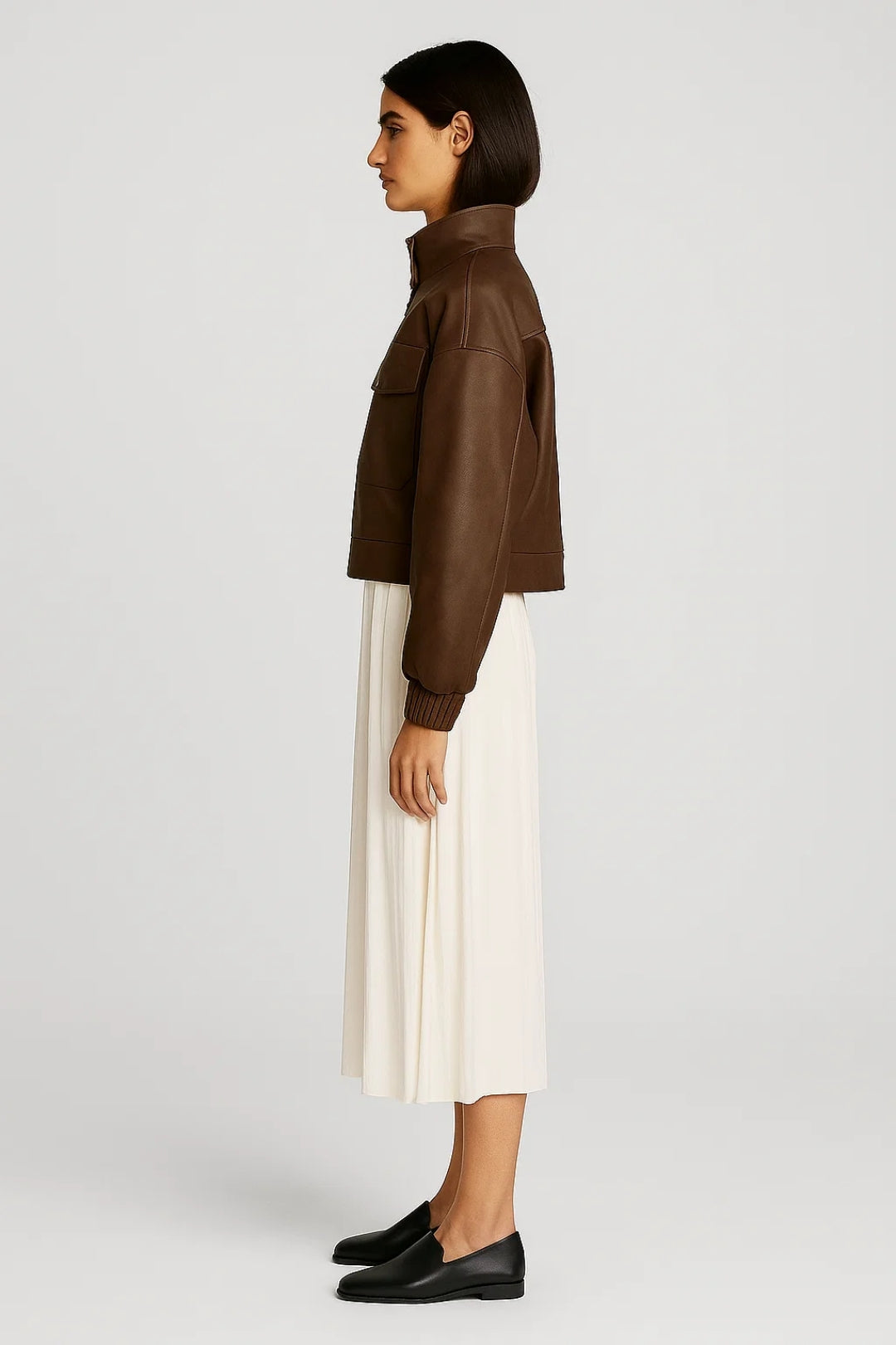 Blouson Court en Similicuir | Marron | Col Montant et Poches à Rabat