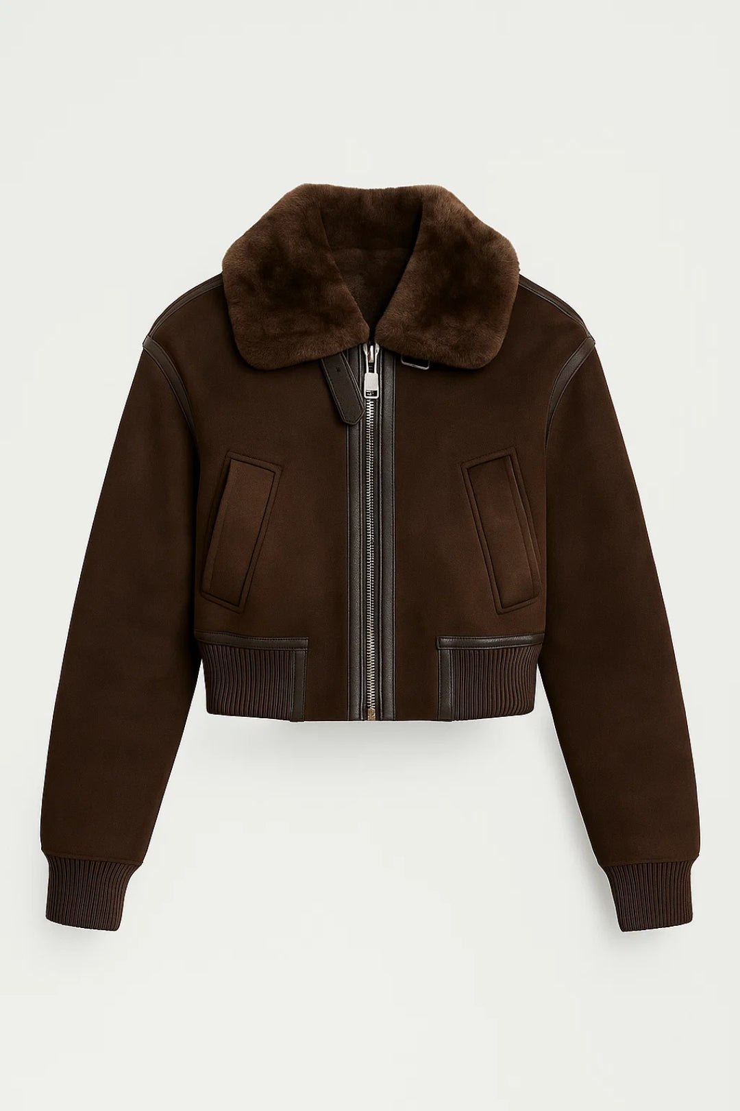 Blouson d’automne en suédine | Col en fausse fourrure | Coupe courte et structurée