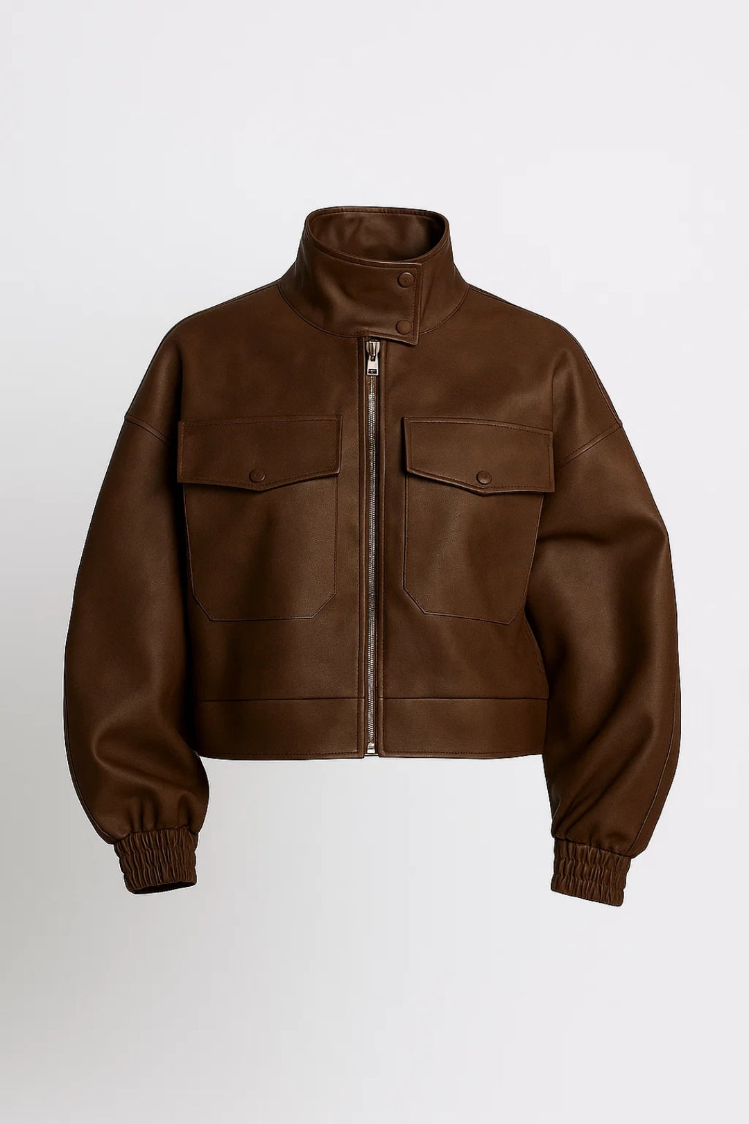 Blouson Court en Similicuir | Marron | Col Montant et Poches à Rabat