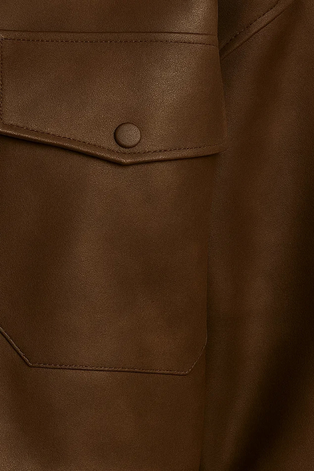 Blouson Court en Similicuir | Marron | Col Montant et Poches à Rabat