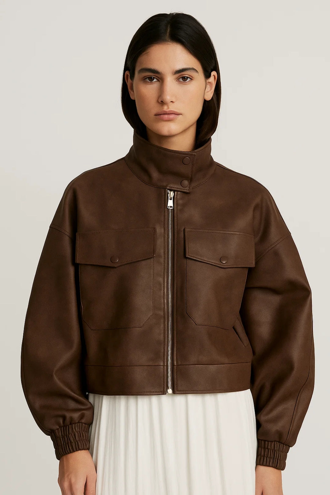 Blouson Court en Similicuir | Marron | Col Montant et Poches à Rabat