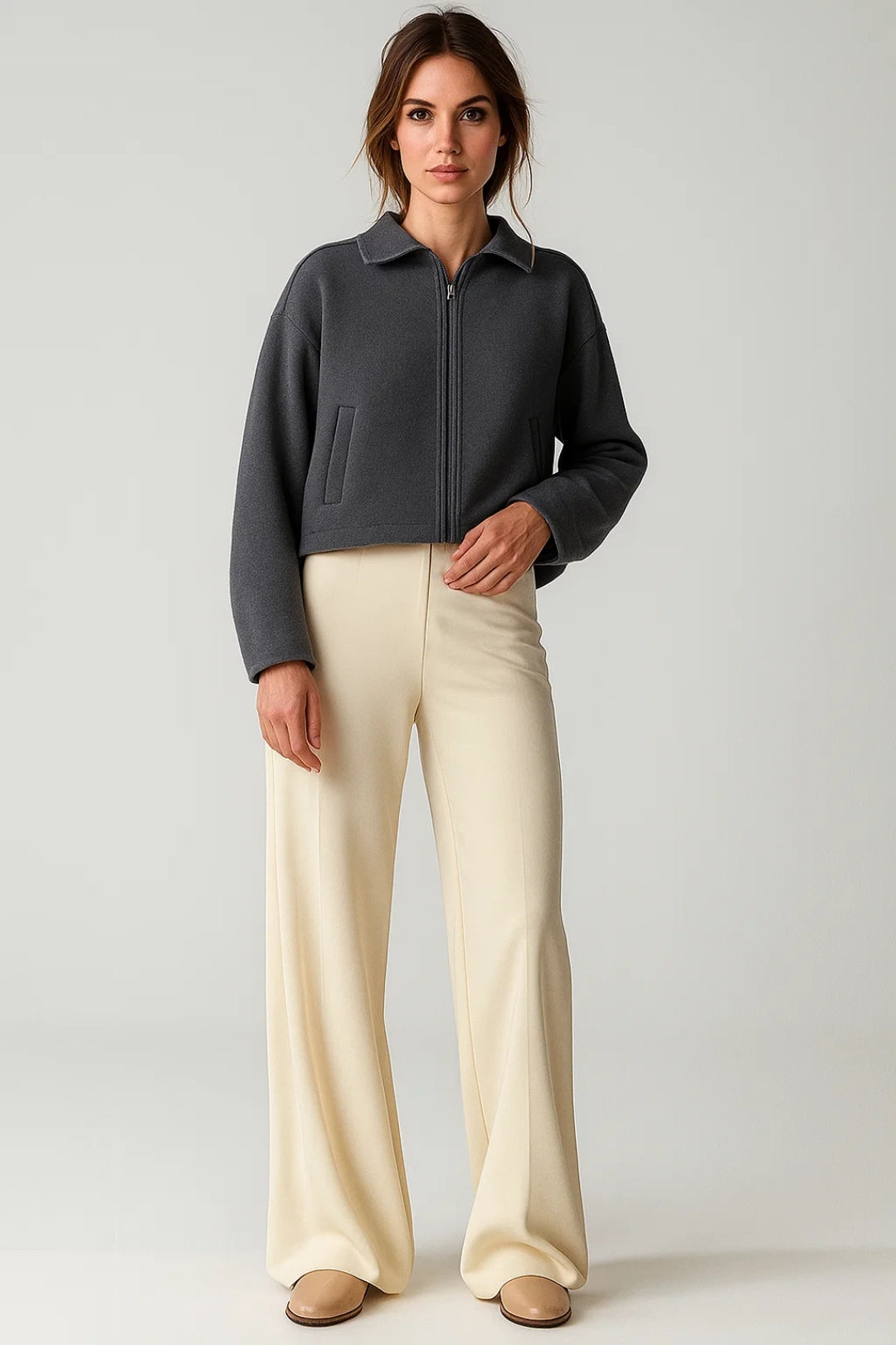 Manteau Court en Laine | Gris Foncé | Coupe Décontractée et Moderne