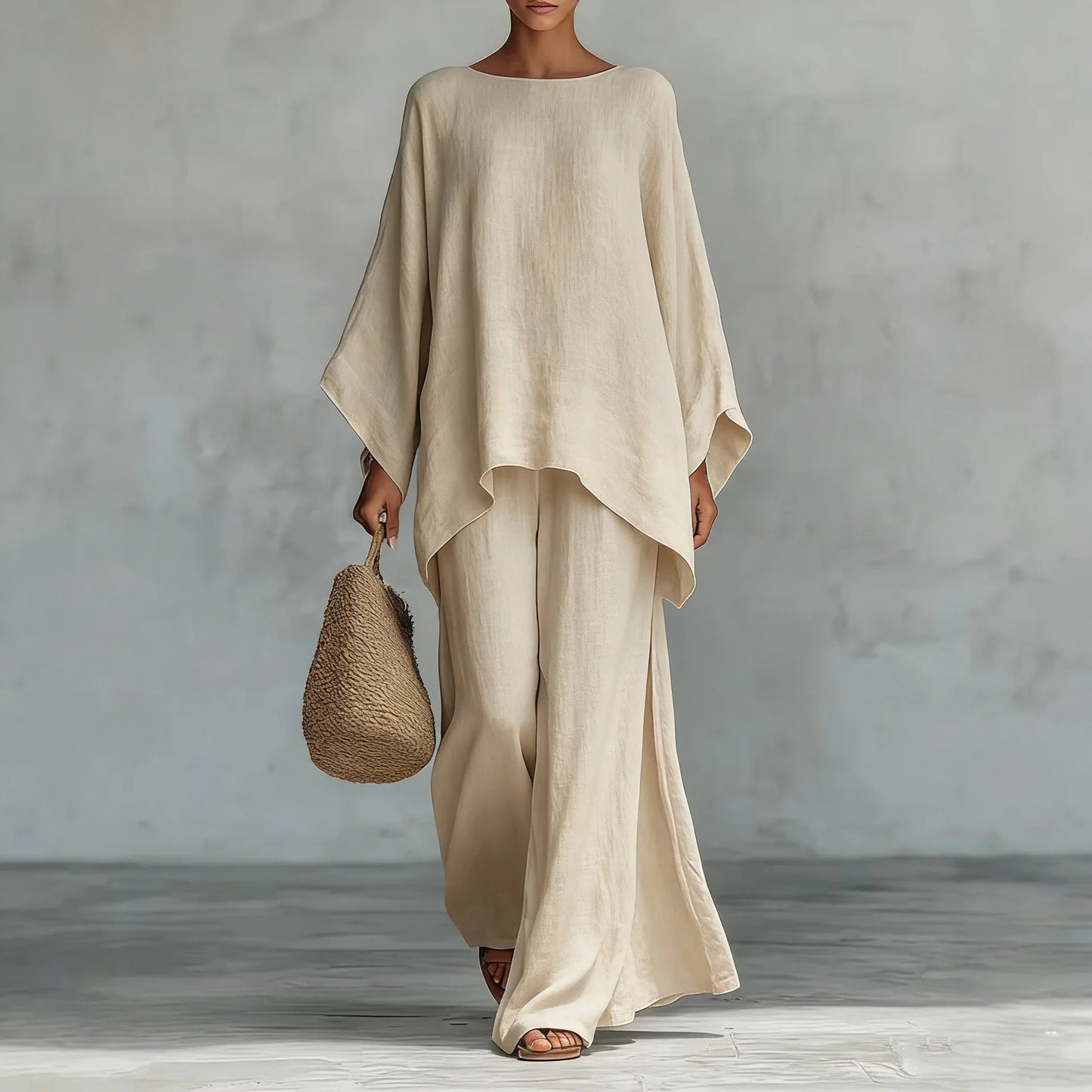 Élise - Ensemble Coordonné en Lin 2 Pièces Femme avec Top Chauve-Souris et Pantalon Large