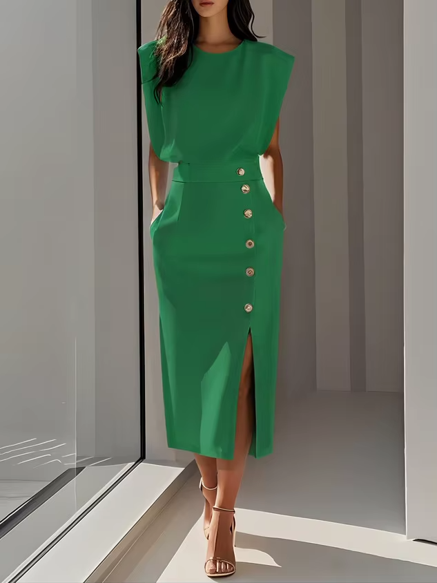 Élise - Robe Chic Invitée Mariage Femme sans Manches avec Épaulettes et Fente