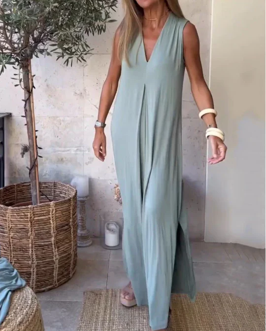Émilie - Robe Invitée Mariage Femme Bohème Longue Ample à Col V sans Manches et Fente