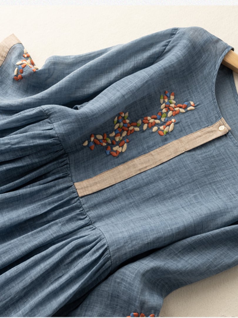 Émilie - Robe Midi Bohème Femme en Lin avec Broderies Florales et Manches Évasées Romantique
