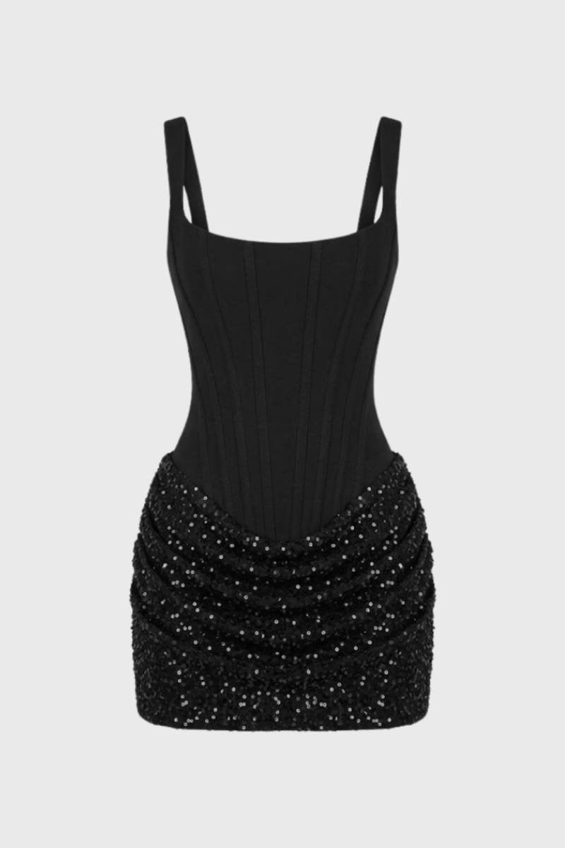 Mini Robe Femme - Sequins Bustier à Bretelles | Cocktail - Noir