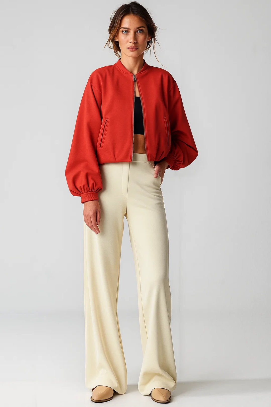 Manteau Court Zippé Style Bomber | Décontracté et Fonctionnel | Noir et Rouge Brique