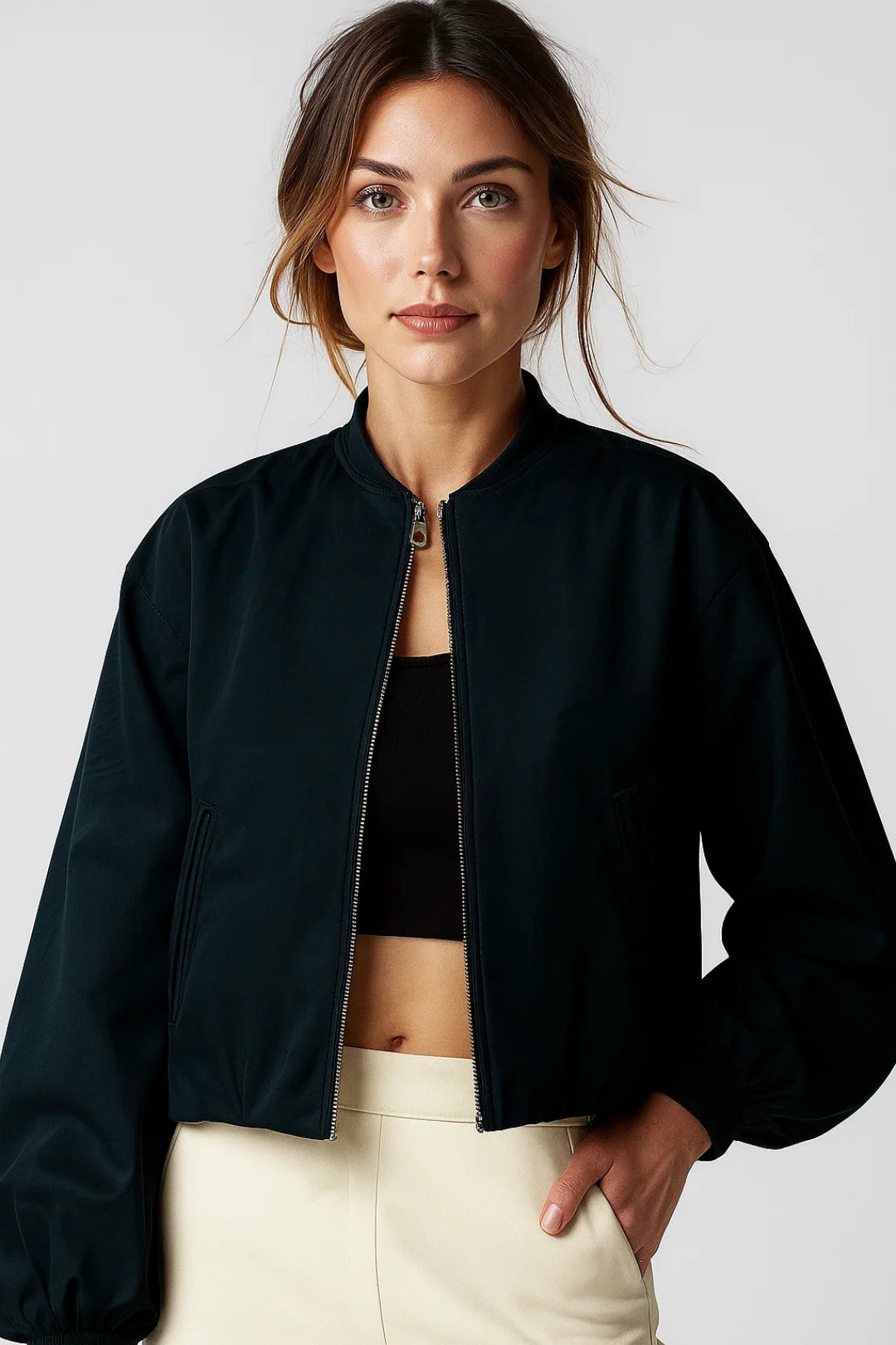 Manteau Court Zippé Style Bomber | Décontracté et Fonctionnel | Noir et Rouge Brique