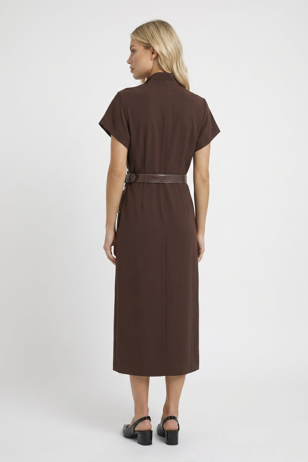Robe midi Femme - Col Montant Boutons Dorés Ceinturée | Chic