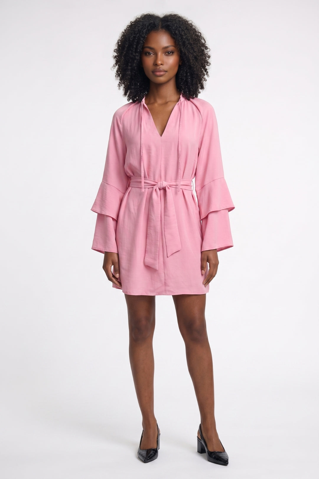 Robe Femme - Col V Manches Longues à Volants | Raffinée
