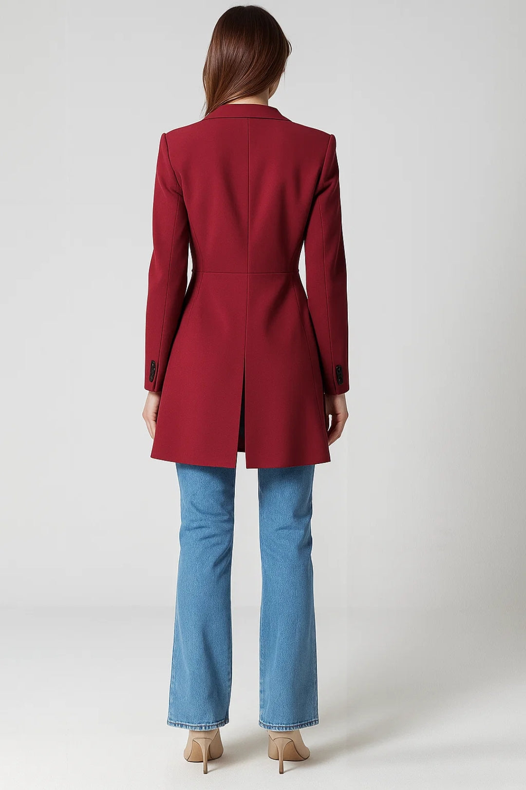 Manteau Long à Double Boutonnage | Élégant et Structuré | Rouge Bordeaux