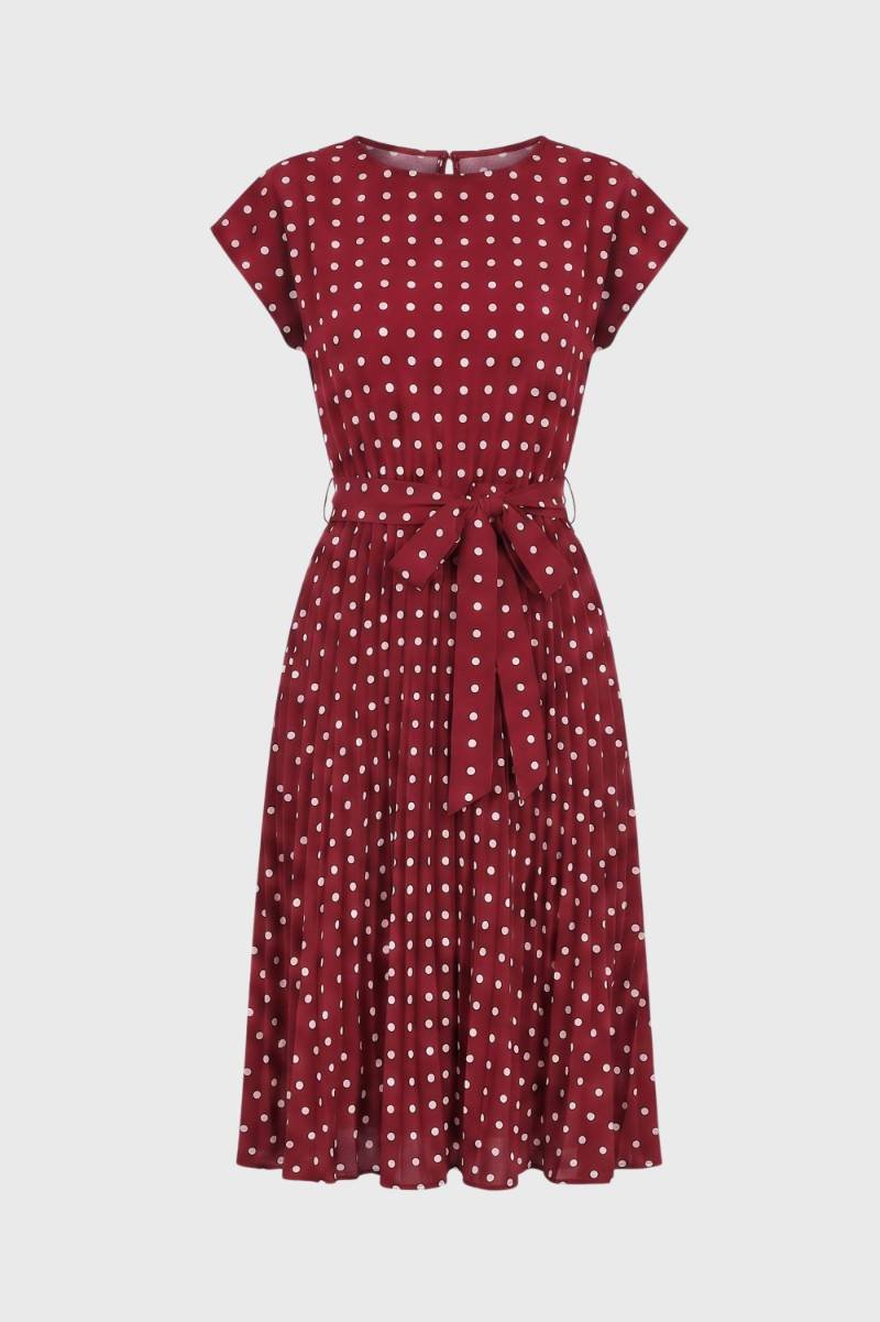 Robe midi Femme - Pois Rétro Manches Courtes Ceinturée | Chic — Bordeaux à pois