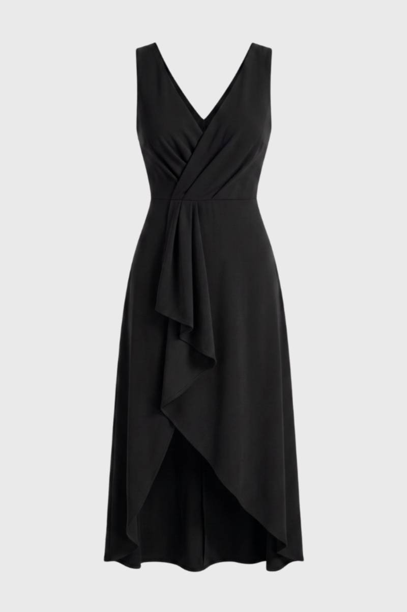 Robe Midi Femme - Portefeuille Asymétrique Bretelles | Élégant — Noir