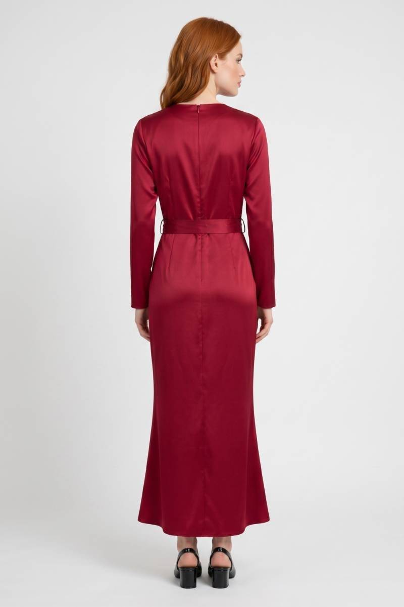 Robe Midi Femme - Portefeuille ée Ceinture Nouée | Élégant — Bordeaux