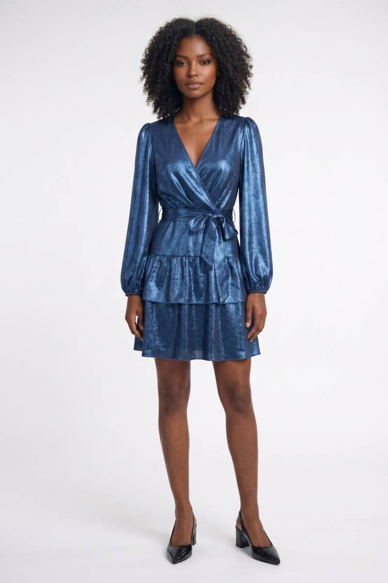 Robe Mini Femme - Portefeuille Manches Bouffantes Col V | Chic — Bleu
