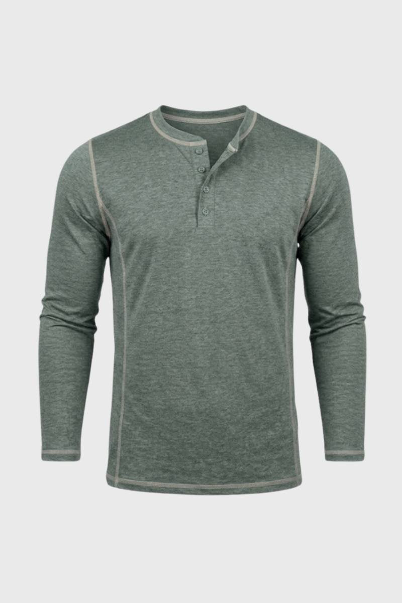 T-Shirt Homme - Col Montant Boutonné | Manches Longues - Sauge