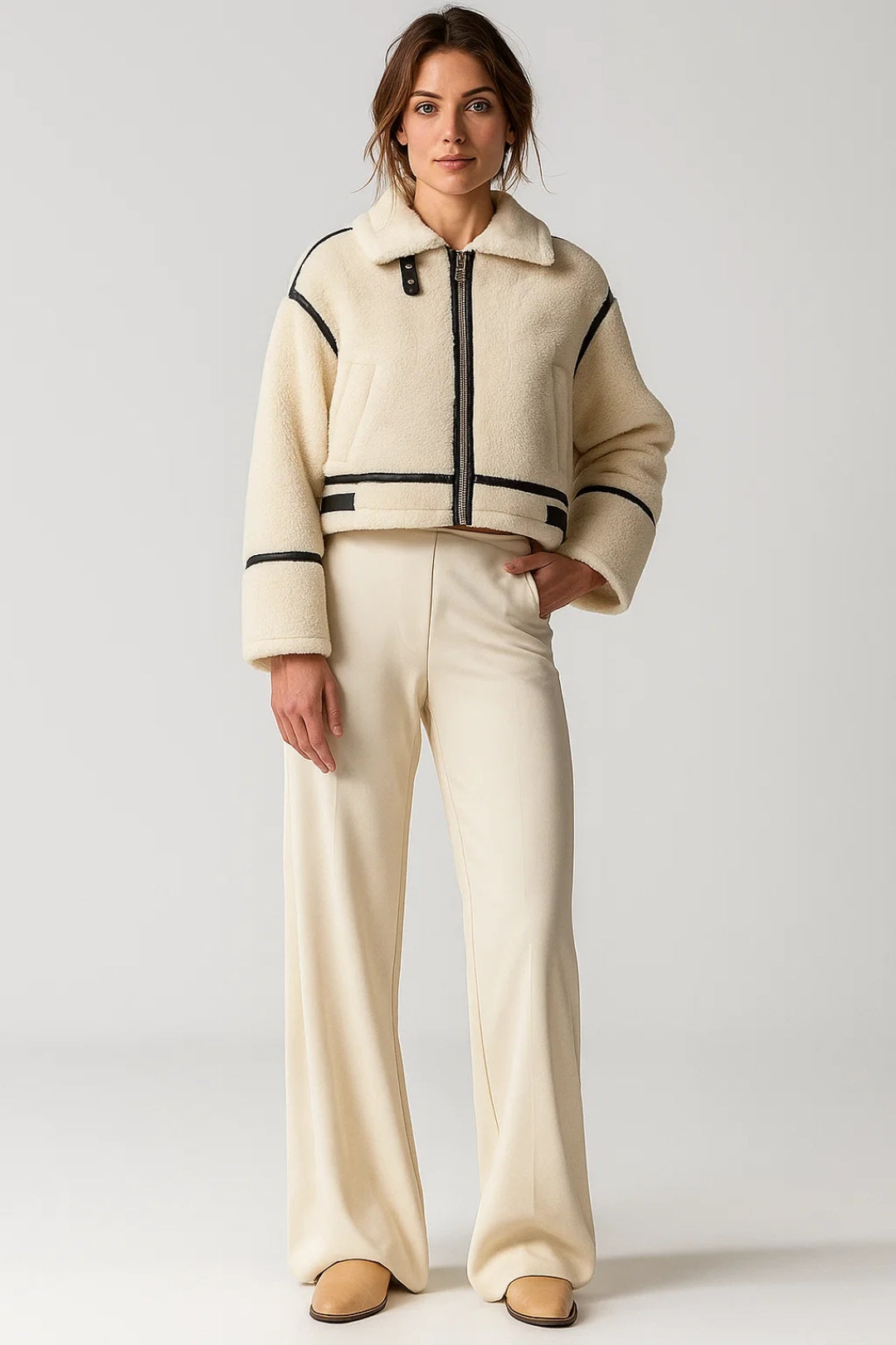 Manteau Court en Fausse Fourrure | Crème et Noir | Style Aviateur Moderne
