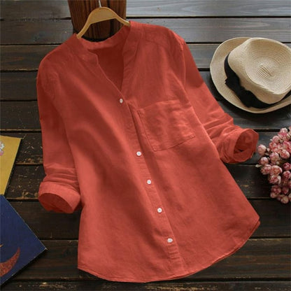 Camille - Blouse en Lin Femme Bohème avec Col Mao et Poche Poitrine
