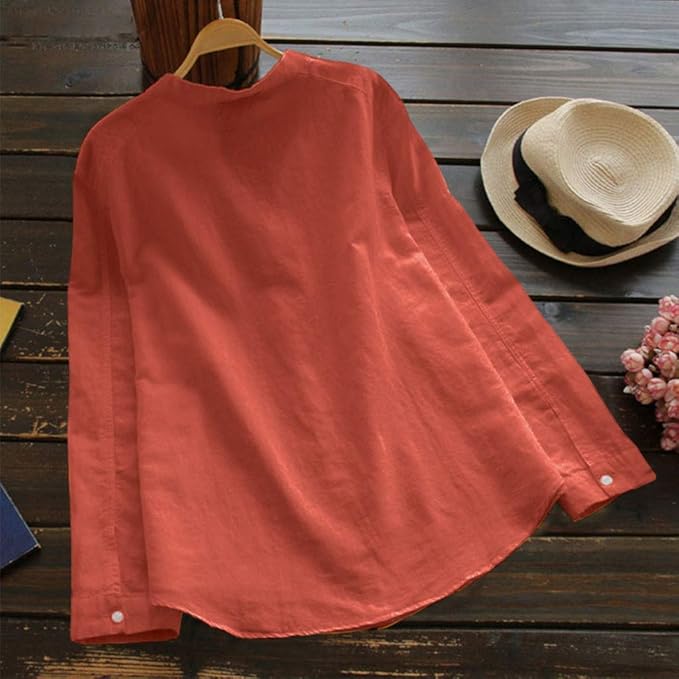 Camille - Blouse en Lin Femme Bohème avec Col Mao et Poche Poitrine