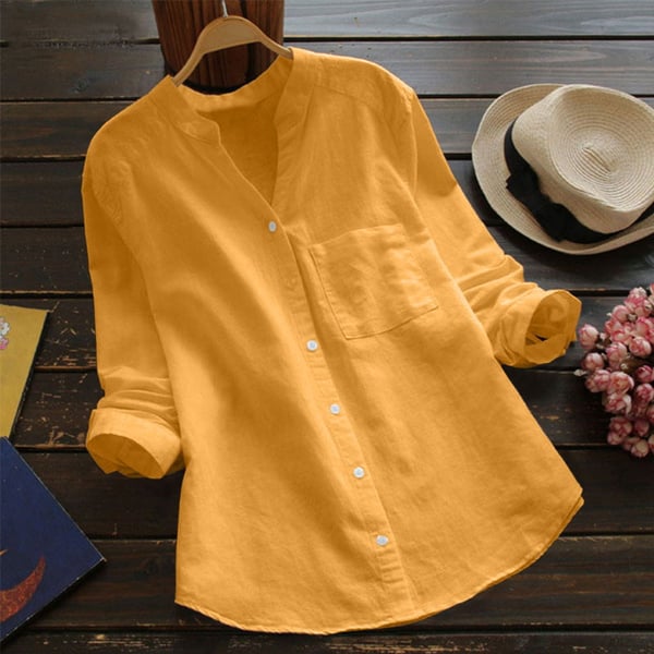 Camille - Blouse en Lin Femme Bohème avec Col Mao et Poche Poitrine