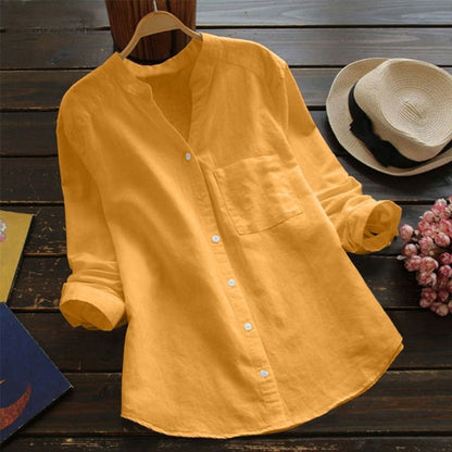 Camille - Blouse en Lin Femme Bohème avec Col Mao et Poche Poitrine