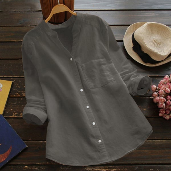 Camille - Blouse en Lin Femme Bohème avec Col Mao et Poche Poitrine