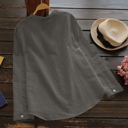 Camille - Blouse en Lin Femme Bohème avec Col Mao et Poche Poitrine
