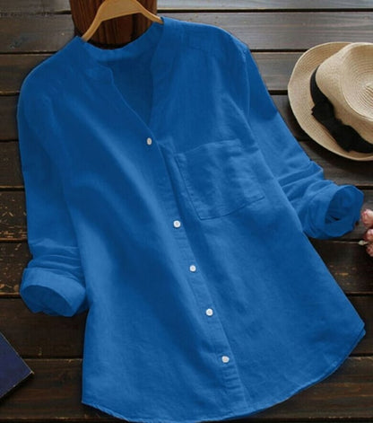 Camille - Blouse en Lin Femme Bohème avec Col Mao et Poche Poitrine
