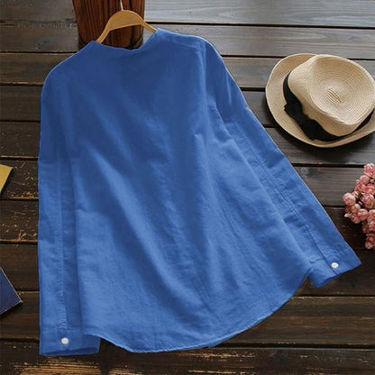 Camille - Blouse en Lin Femme Bohème avec Col Mao et Poche Poitrine