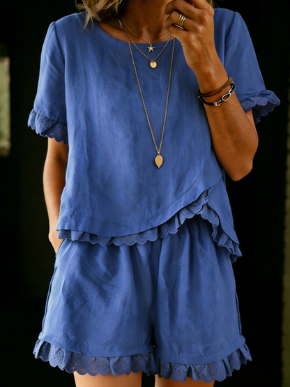 Amélie - Ensemble d'Été en Lin Romantique Femme avec Top à Volants et Short Festonné