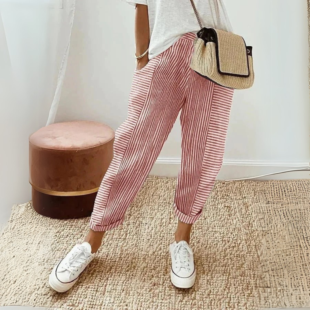 Amélie - Pantalon en Lin Femme Casual à Rayures et Chevilles Resserrées Tendance