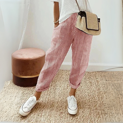 Amélie - Pantalon en Lin Femme Casual à Rayures et Chevilles Resserrées Tendance