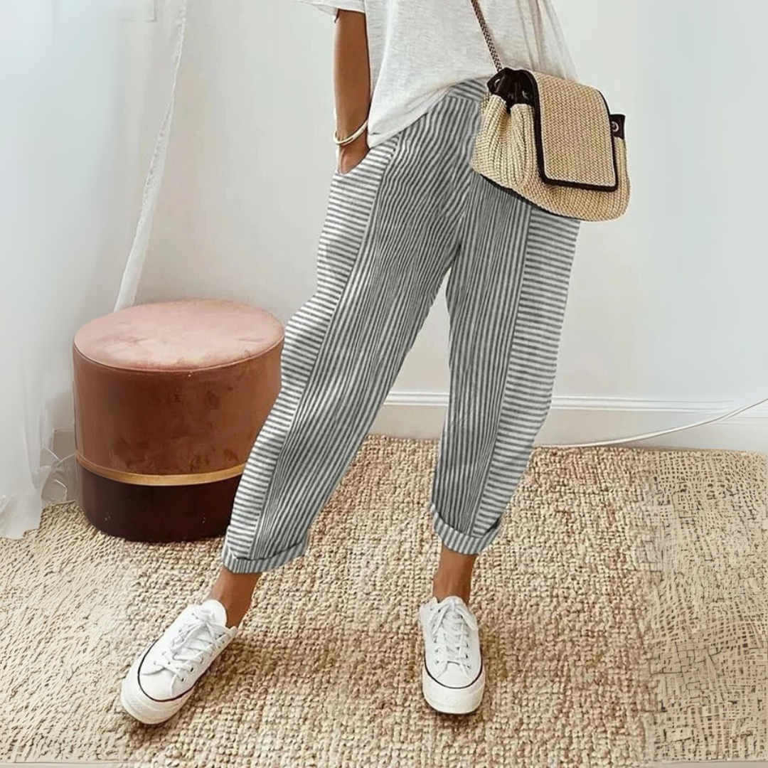 Amélie - Pantalon en Lin Femme Casual à Rayures et Chevilles Resserrées Tendance