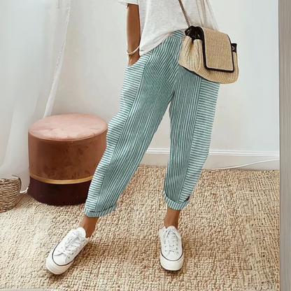 Amélie - Pantalon en Lin Femme Casual à Rayures et Chevilles Resserrées Tendance