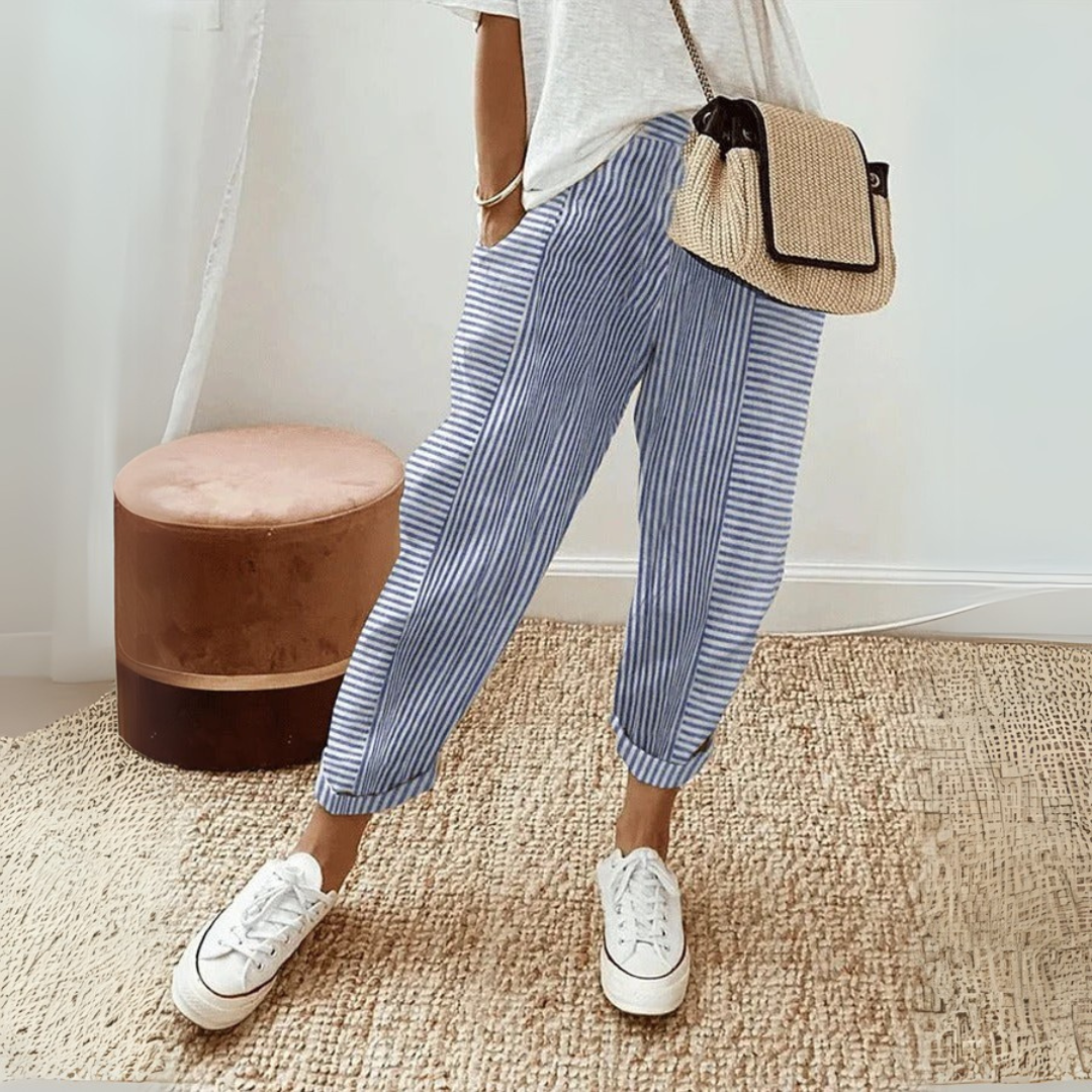 Amélie - Pantalon en Lin Femme Casual à Rayures et Chevilles Resserrées Tendance