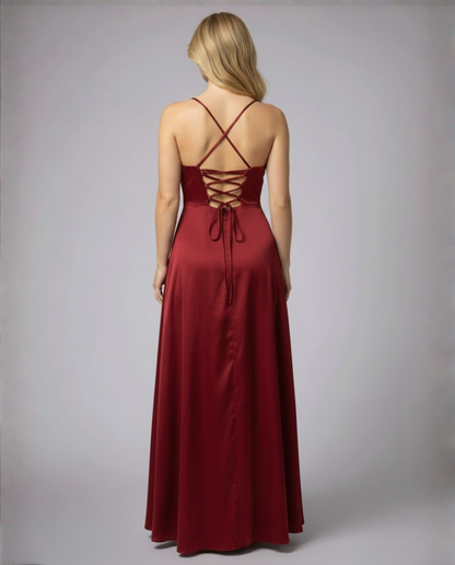 Amélie - Robe Invitée Mariage Femme Maxi à Bretelles Fines Encolure Drapée et Fente Élégante