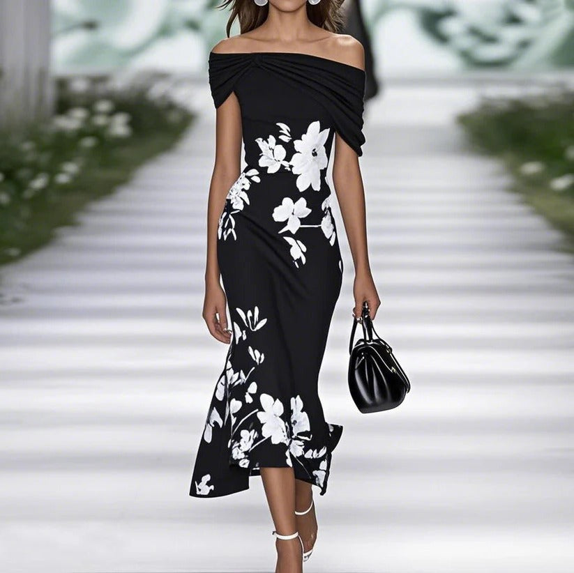 Amélie - Robe Longue Chic Femme avec Épaules Dénudées et Imprimé Floral