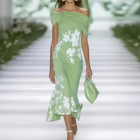 Amélie - Robe Longue Chic Femme avec Épaules Dénudées et Imprimé Floral