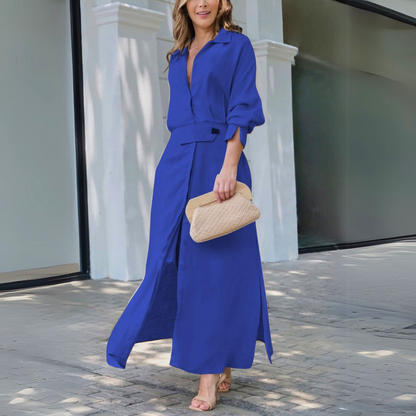 Amélie - Robe Maxi Habillée Invitée Mariage Femme avec Col Chemise et Ceinture Nouée