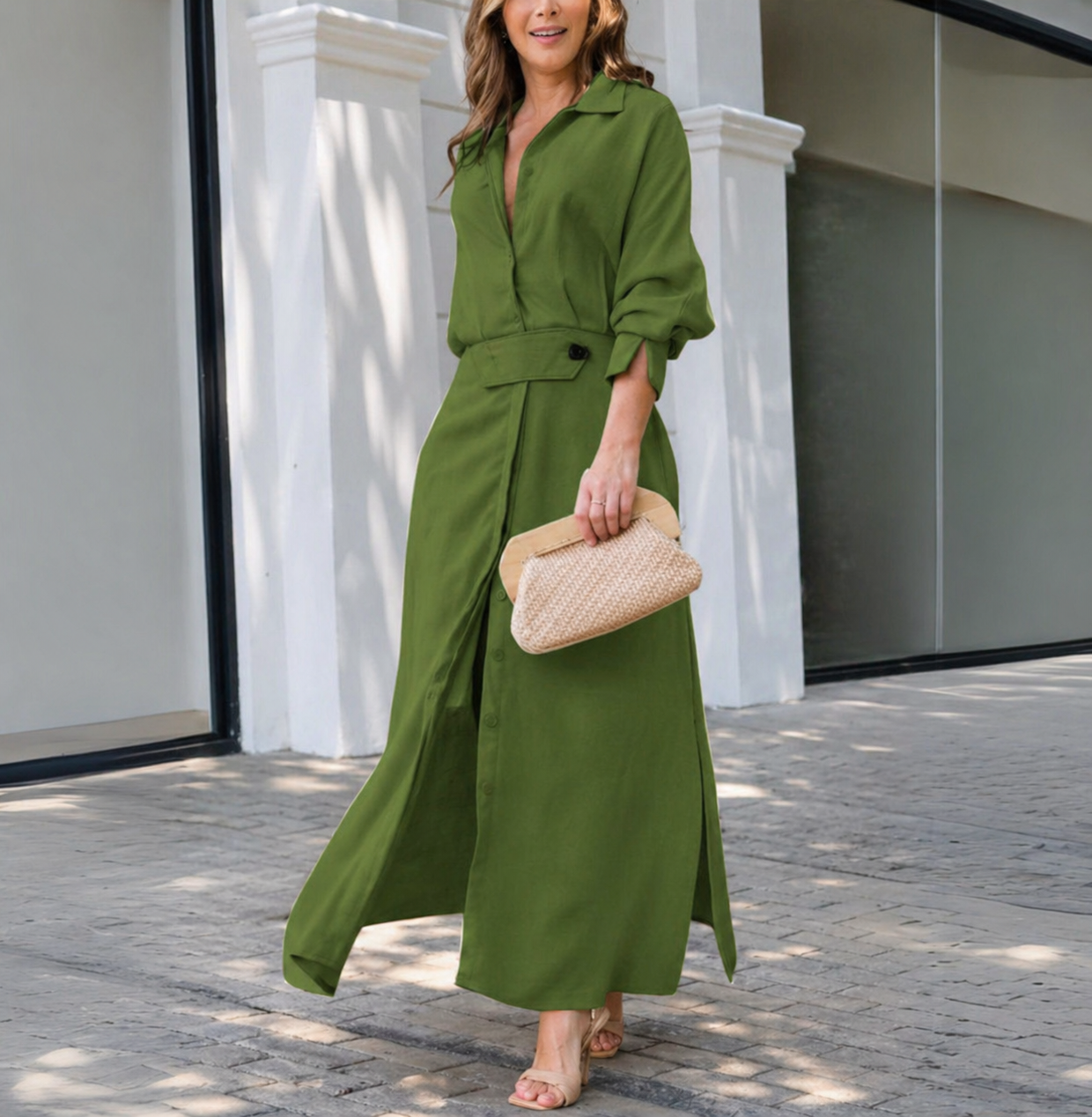Amélie - Robe Maxi Habillée Invitée Mariage Femme avec Col Chemise et Ceinture Nouée