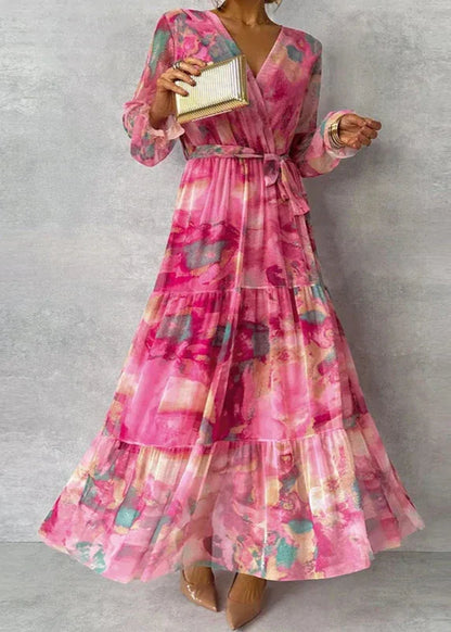 Amélie - Robe Maxi Romantique Invitée Mariage Femme avec Col V et Ceinture Nouée