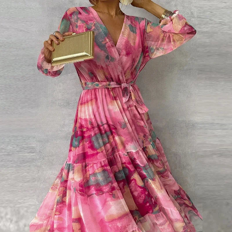 Amélie - Robe Maxi Romantique Invitée Mariage Femme avec Col V et Ceinture Nouée
