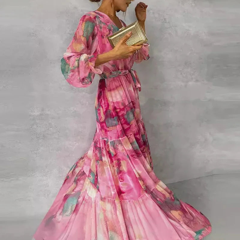 Amélie - Robe Maxi Romantique Invitée Mariage Femme avec Col V et Ceinture Nouée