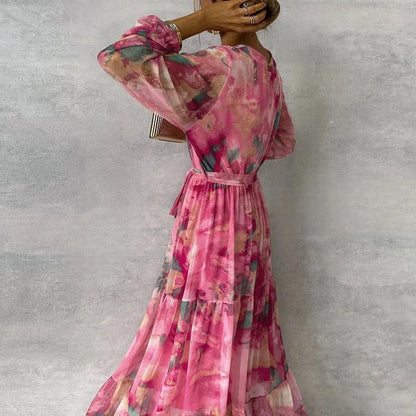 Amélie - Robe Maxi Romantique Invitée Mariage Femme avec Col V et Ceinture Nouée