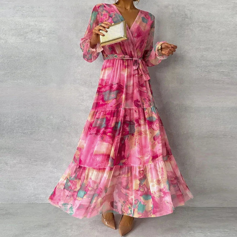 Amélie - Robe Maxi Romantique Invitée Mariage Femme avec Col V et Ceinture Nouée
