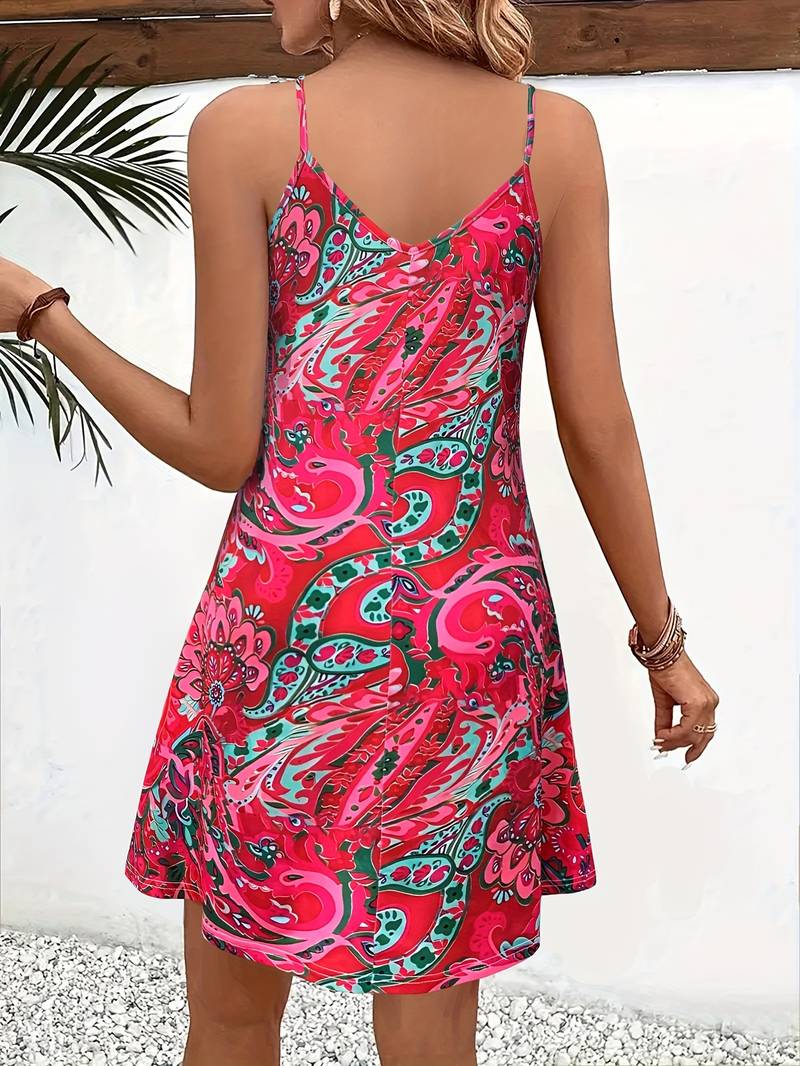 Amélie - Robe d'Été Bohème Femme à Bretelles Fines avec Imprimé Fleuri et Col V