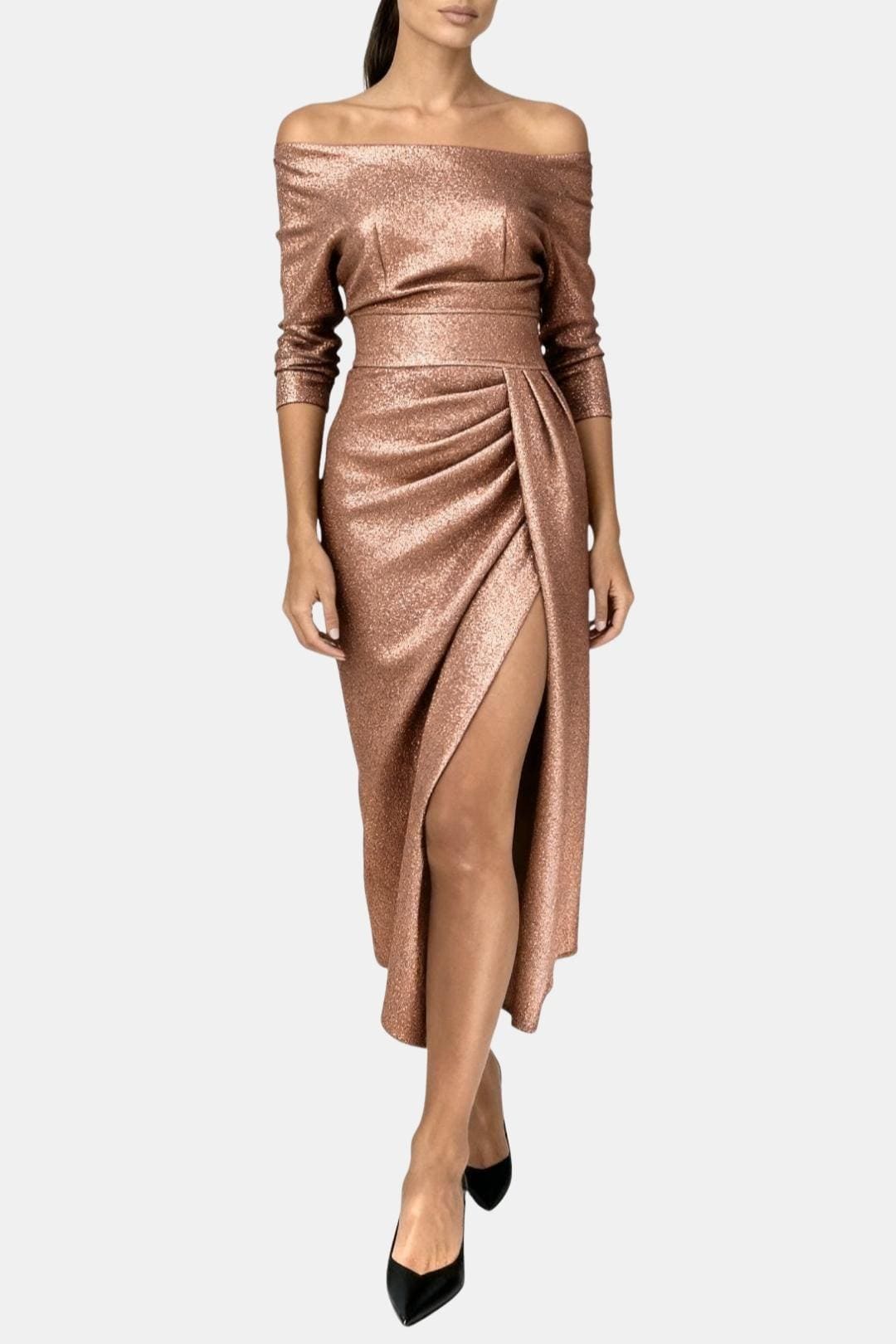 Amélie - Robe de Soirée Longue Femme Glamour Épaules Dénudées avec Drapé et Fente