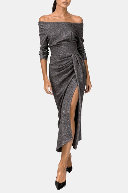 Amélie - Robe de Soirée Longue Femme Glamour Épaules Dénudées avec Drapé et Fente