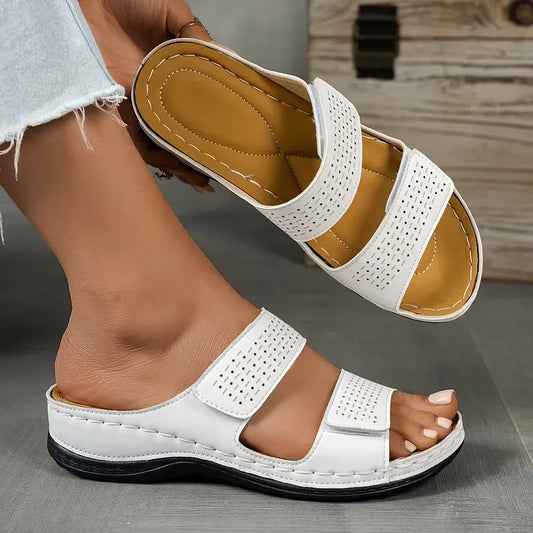 Amélie - Sandales Orthopédiques Femme Classiques à Double Bride Ajourée et Semelle Compensée